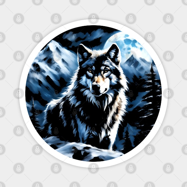 Wolf with Full Moon at Night Fantasy Magnet by Ravenglow